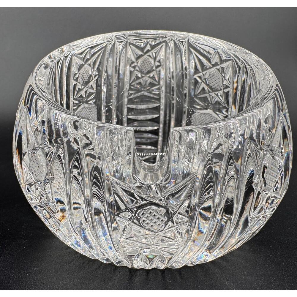 Vintage Heavy Cut Crystal Ashtray Hobstar Starburst Orb Single Cigar Rest